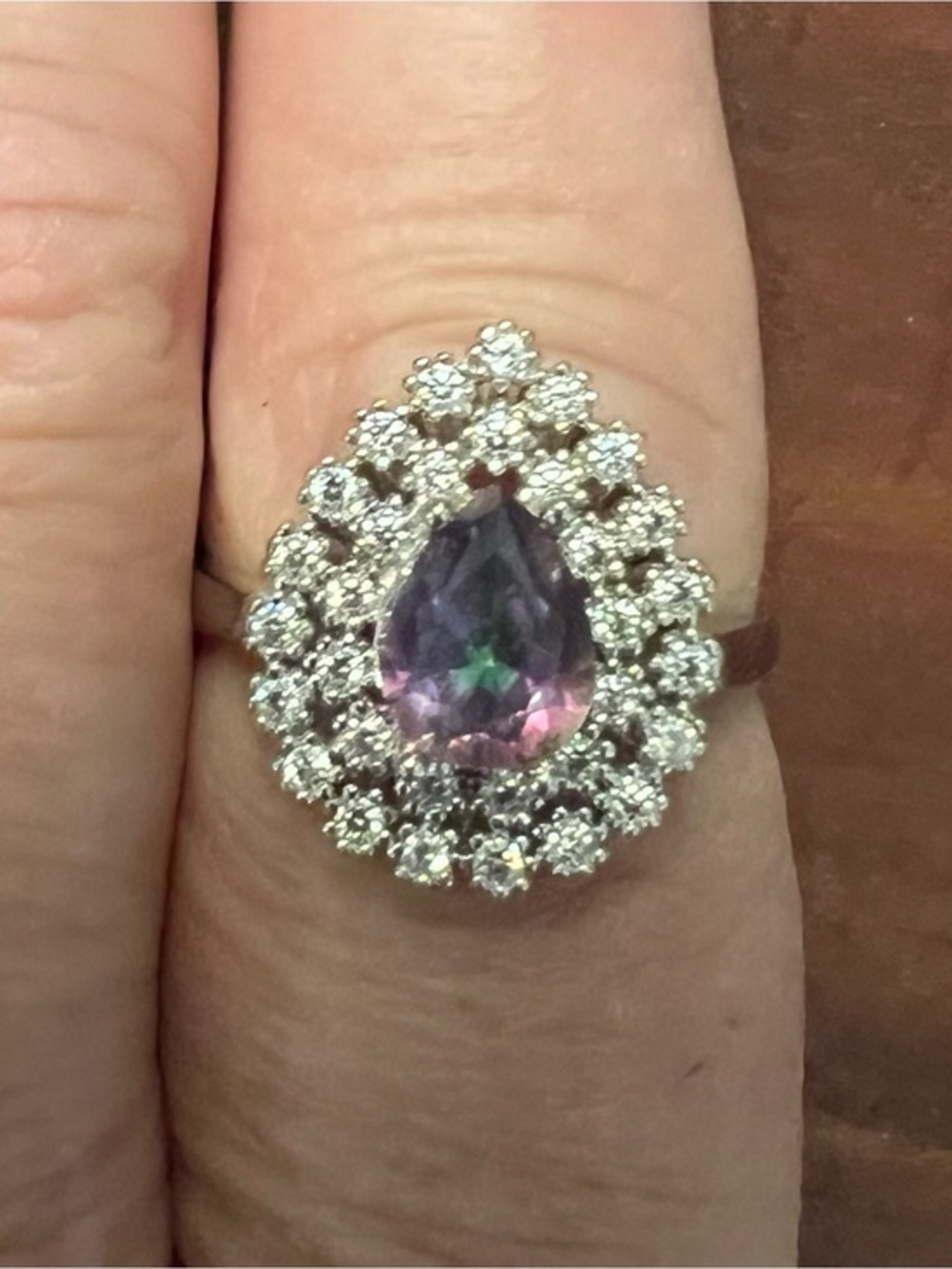 Mystic Topaz Faceted CZ Double Halo Teardrop Ring 925 Sterling 7.75 #605